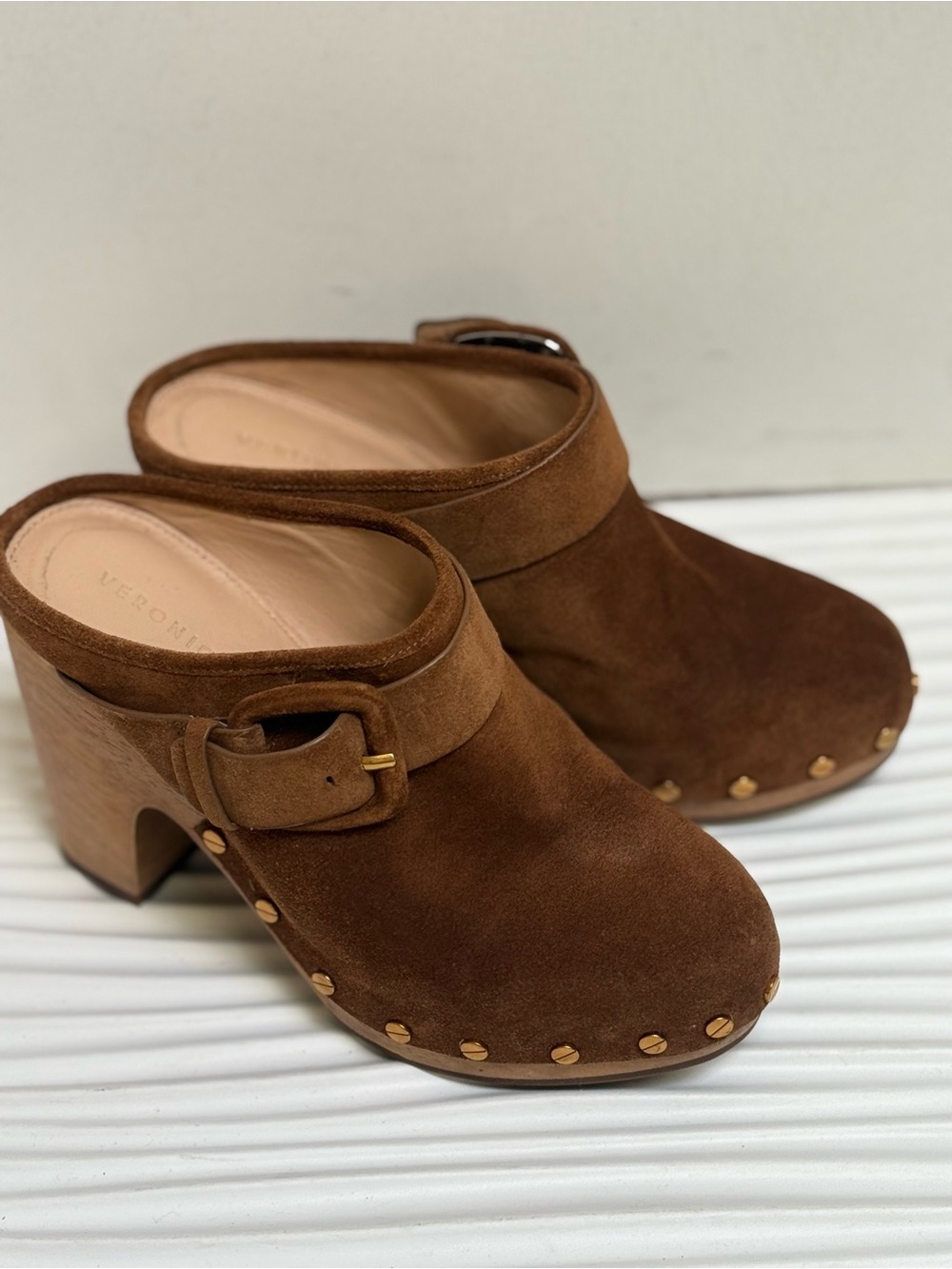 VERONICA BEARD DACEY Buckle Clogs MULE PLATFORM SUEDE PECAN women